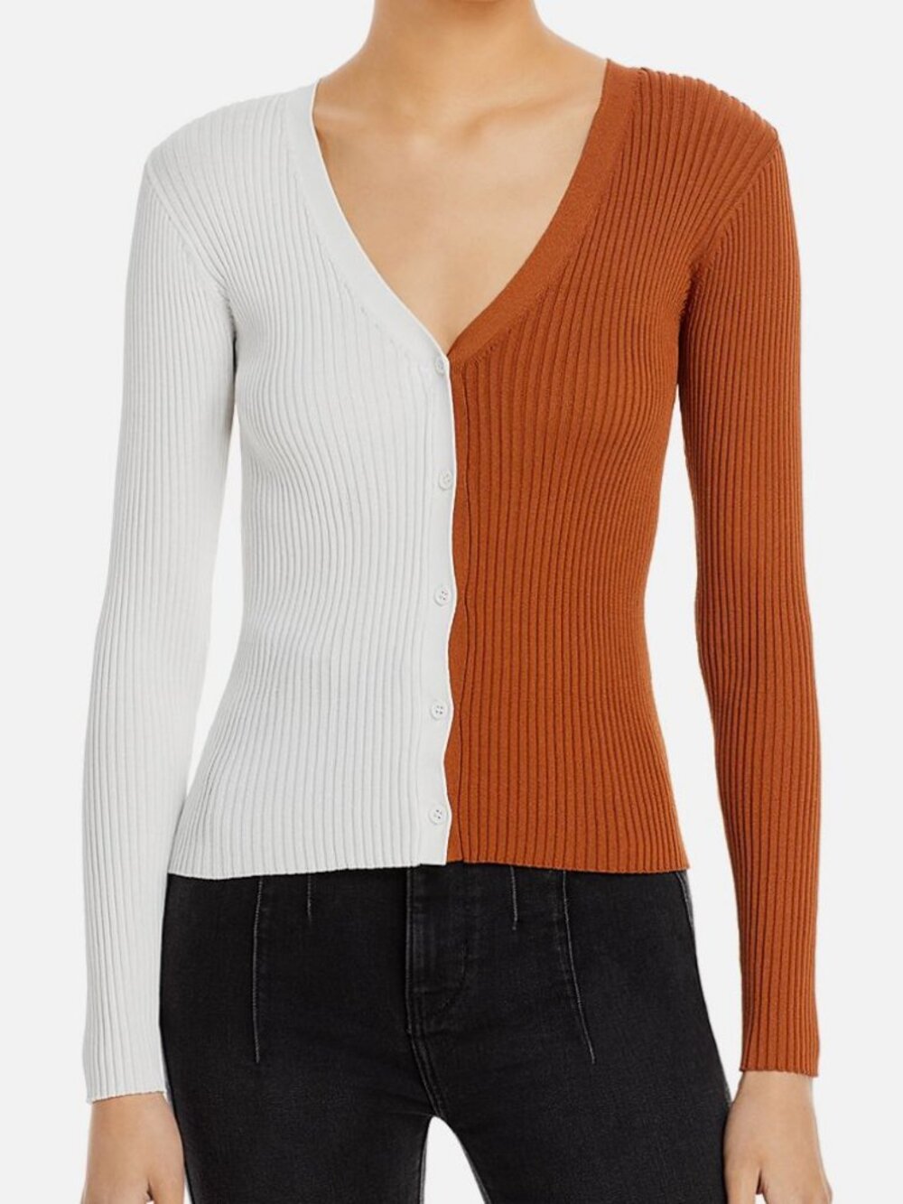 Staud Women's Brown Color Block Ribbed Cardigan Sweater Size L